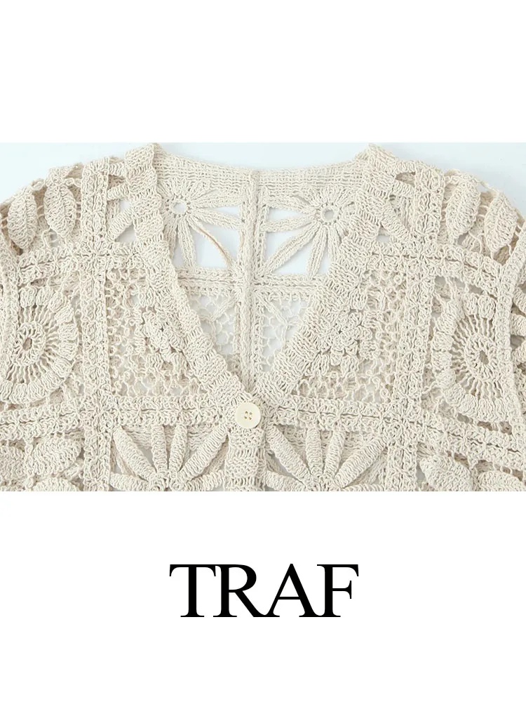 Traf-سترة نسائية برقبة على شكل حرف V ، أنيقة ، أكمام طويلة ، مجوفة ، معطف محبوك ، أزرار كروشيه ، ملابس خارجية ، موضة جديدة ، صيف
