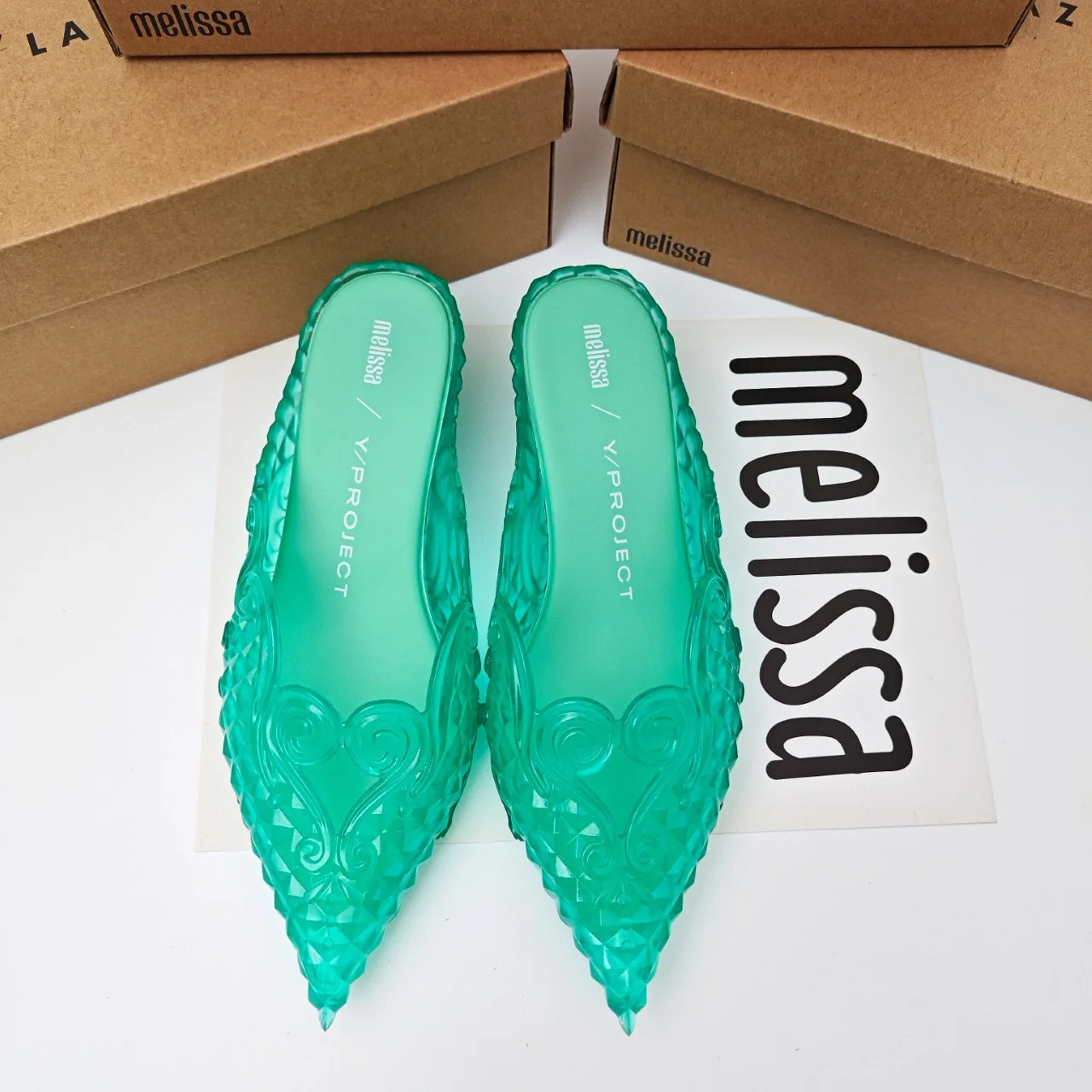 Melissa 2025 Summer Fashion Design Women's Shoes Embossed 3D Pointed Shoes Witch Shoes Ladies Retro Low Heel Slippers Party Shoe image 3