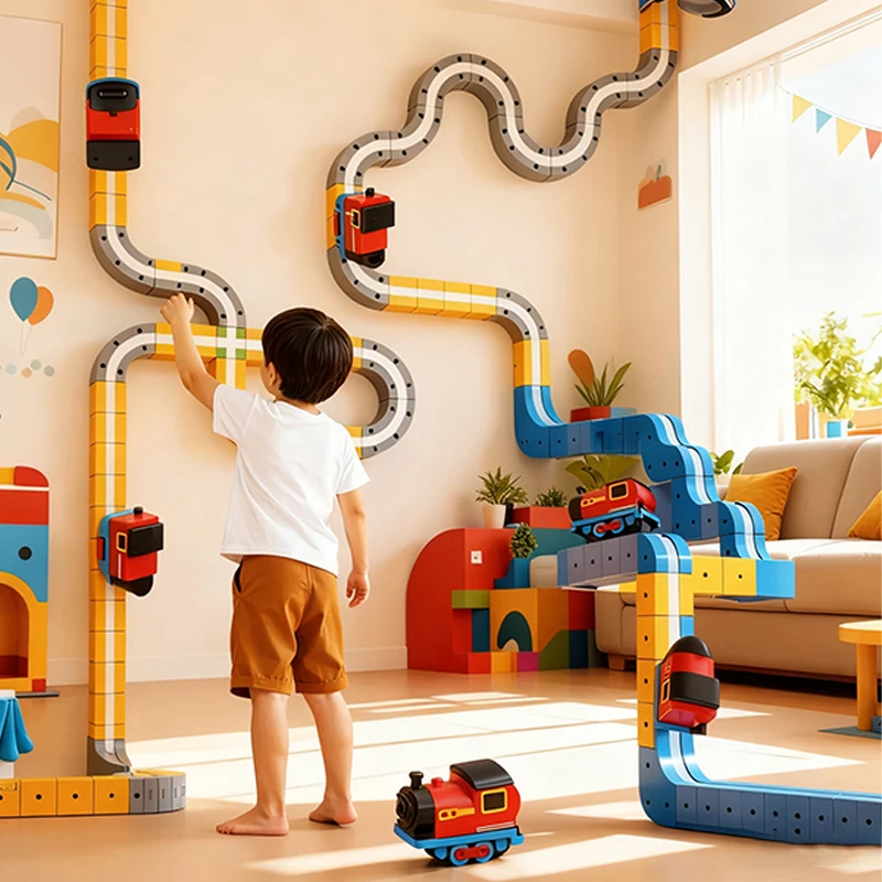 66PCS Magnetische Track Auto Speelgoed DIY Bouwstenen Set Anti-Zwaartekracht Rijden Elektrische Trein Set Voor Kinderen Kerst verjaardagscadeau