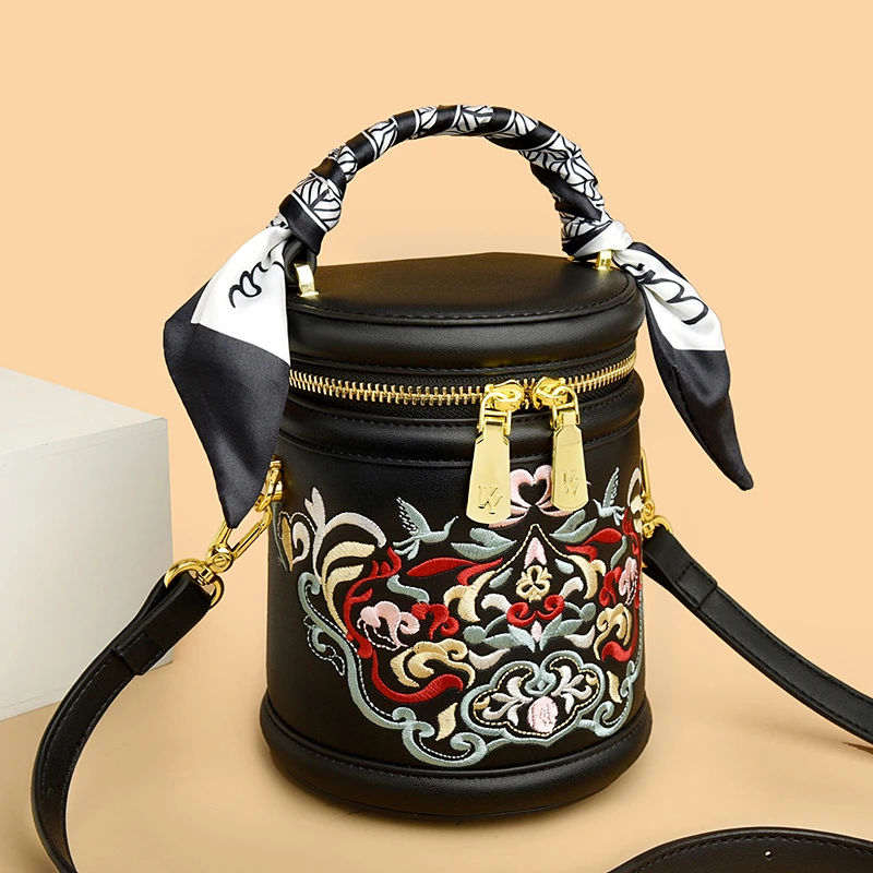 2024 New Trend Women Cross Body Bag Purses and Handbag National Embroidered PU Leather Bucket Bag Female Small Shoulder Bag