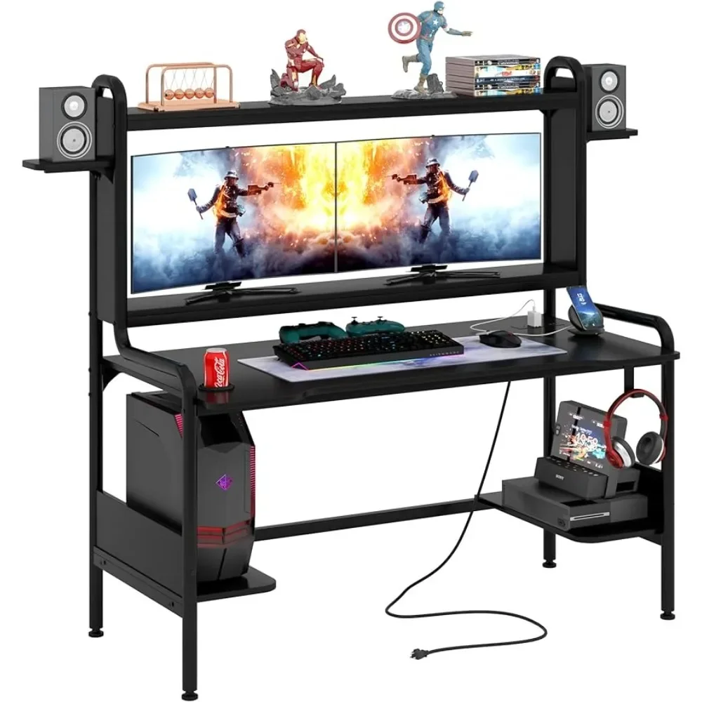 Gaming Desk with Monitor Stand & Power Outlet, 55 Inch Gaming Computer Desk with Hutch and Storage Shelves, Black