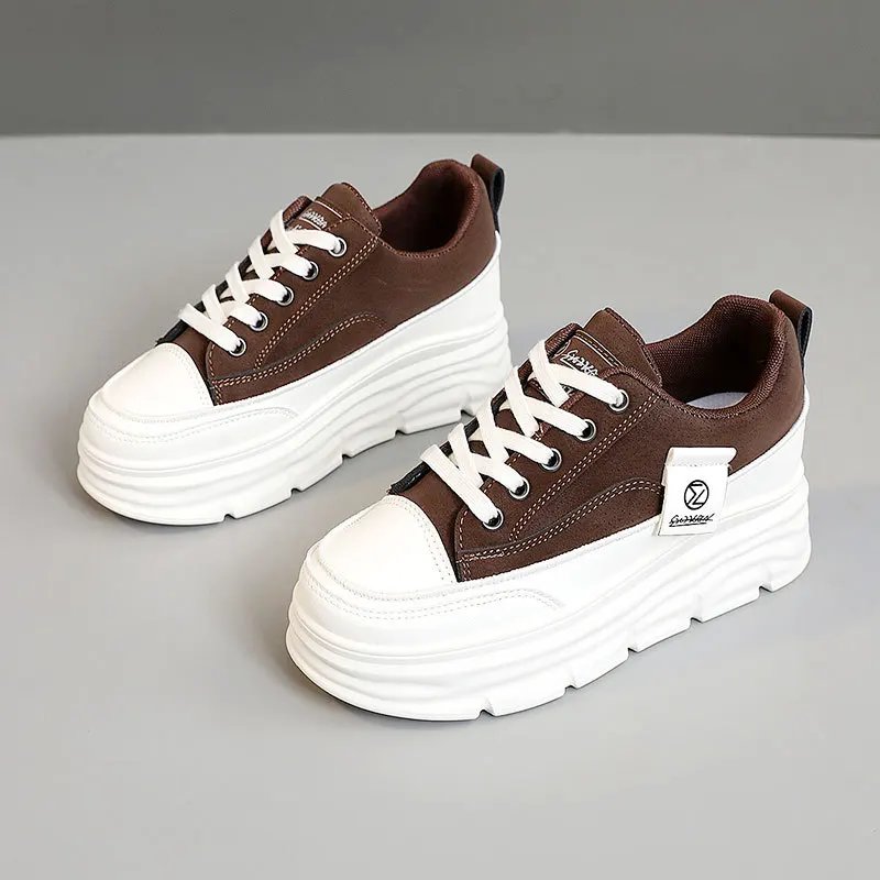 Sneakers basse casual da donna per primavera/autunno, scarpe da passeggio con suola spessa e vulcanizzata, allacciatura spessa e suola morbida._voghion.com