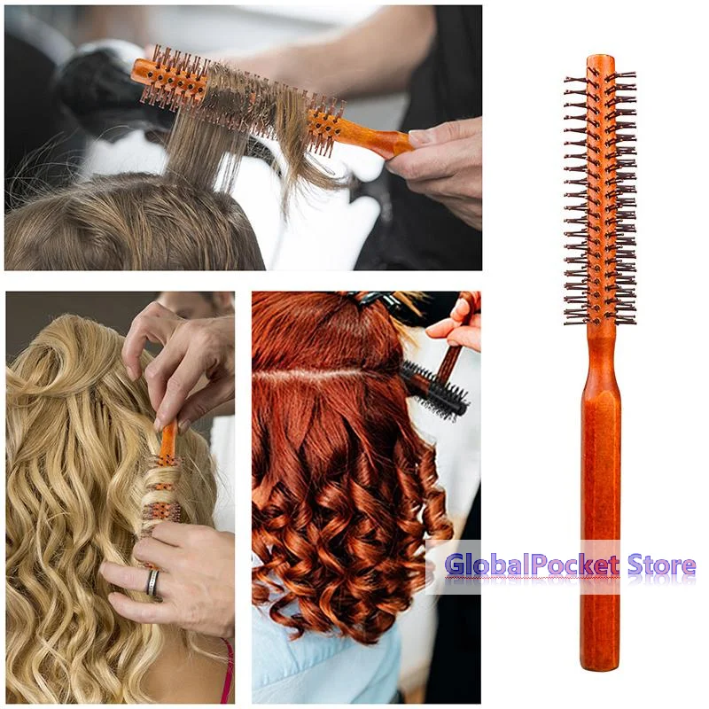 

[TG823]Bristle Wooden Curly Hair Comb Natural Boar Bristle Rolling Brush Round Blowing Curly Hairbrush Hair Styling Tool Barber