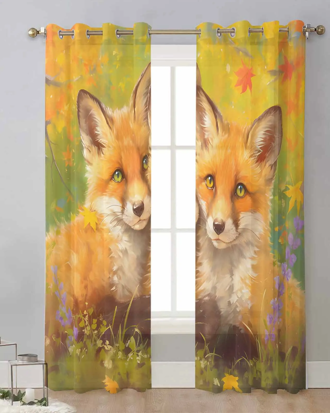 Two Foxes With Maple Leaves In Autumn Modern Tulle Curtains Voile Drapes Sheer Window Curtains Bedroom Accessories