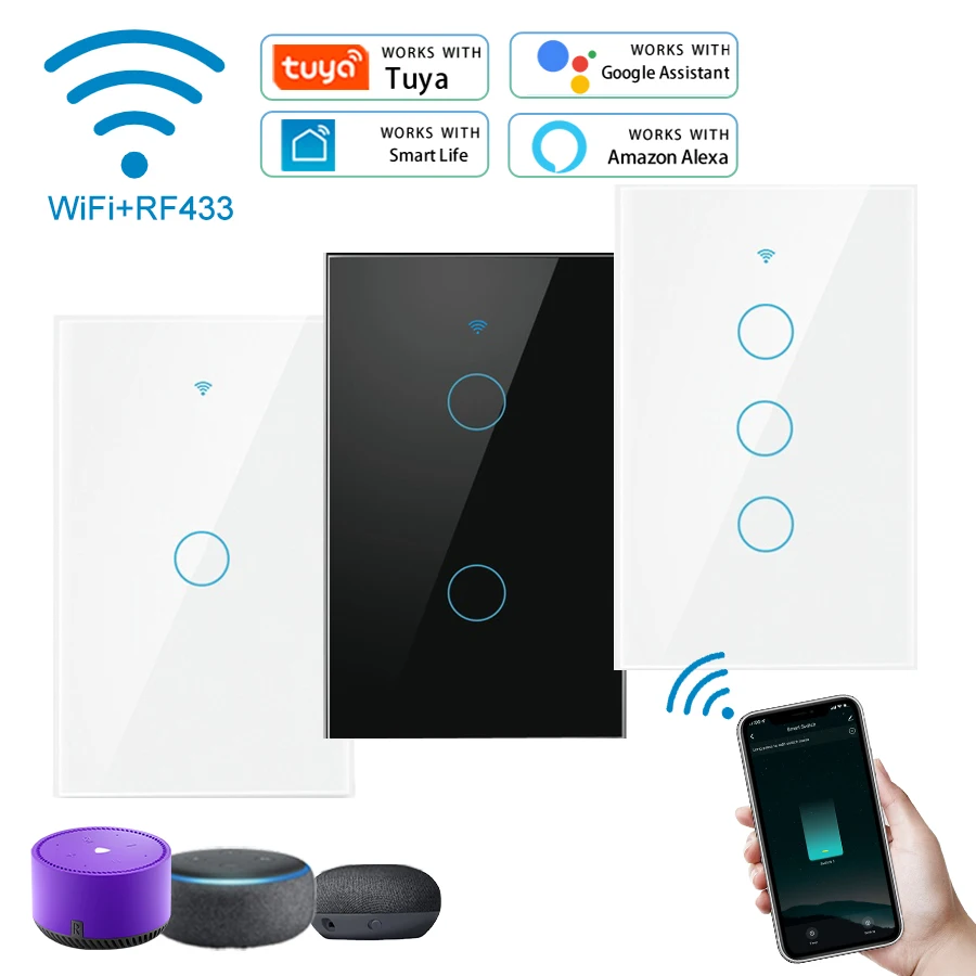 Tuya WiFi Smart Switch 1/2/3 Gang RF 433MHz US Light Switch Neutral Wire/No Neutral Wire Required Works with Alexa Google Home