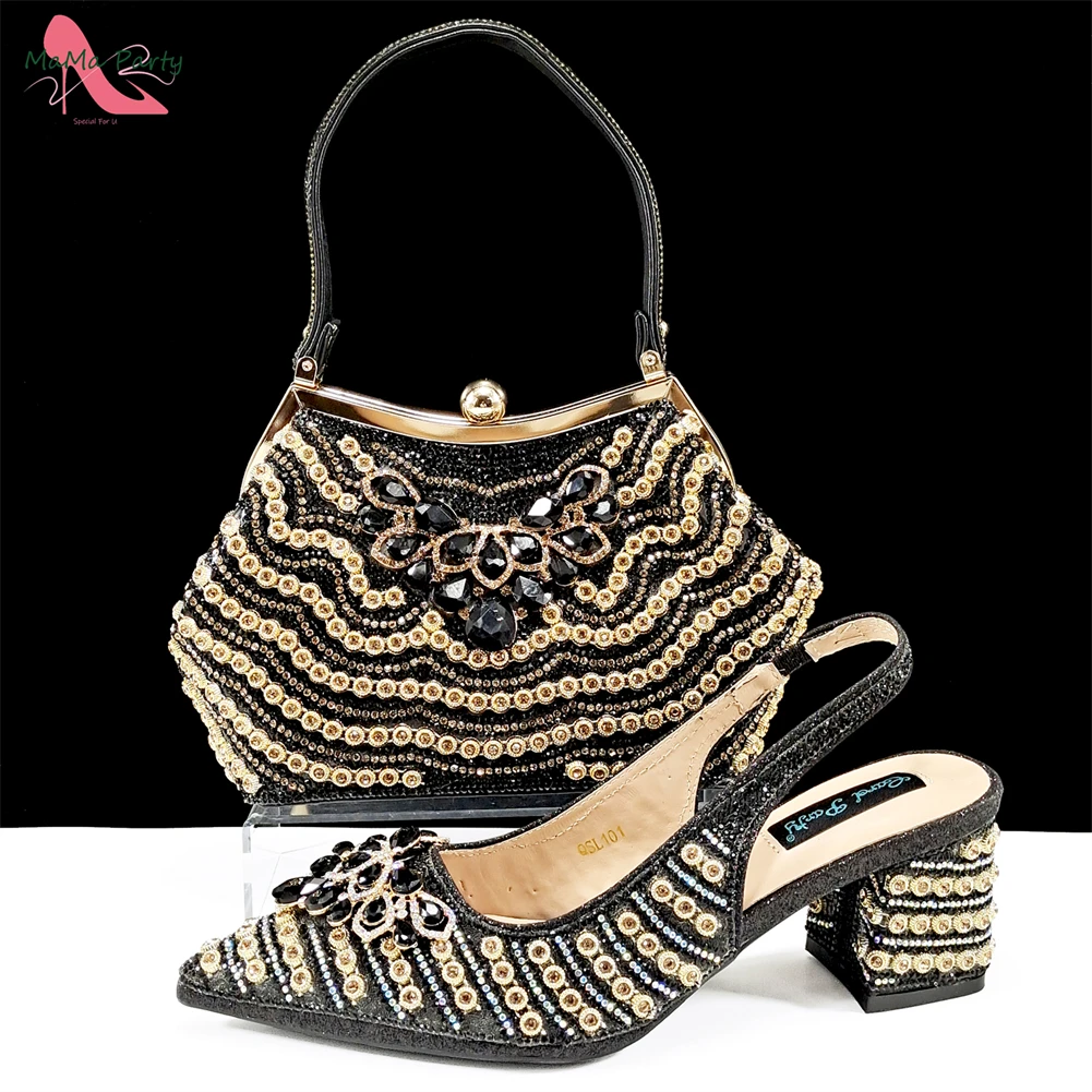 Black Color Winter INS Hot Sale African Women Mature Style Shoes Matching  Bag Set Pointed Toe Pumps for Wedding