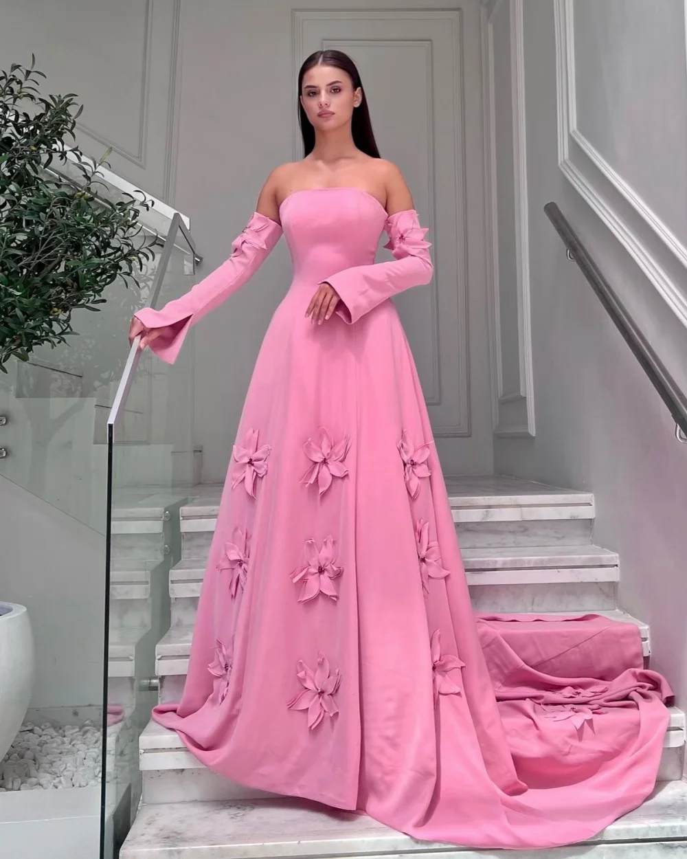 

Customized Elegant Classic Jersey Handmade Flower Pleat A-line Strapless Long Dresses Bespoke Occasion Dresses Sizes Available