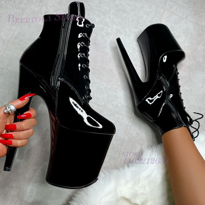 Women Black Mirrored Leather Ankle Short Boots Stiletto Heel Platform Side Zip Design Lace Up Booties Concise Midcalf Dance Shoe