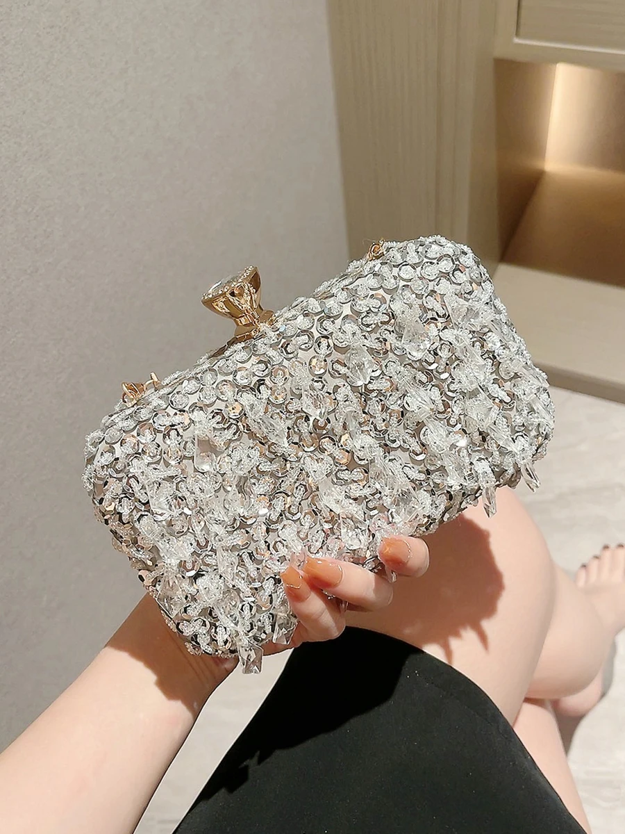 Beaded Sequins Evening Bag, Elegant Box Clutch Purse, Women\'s Wedding Handbags For Party Prom