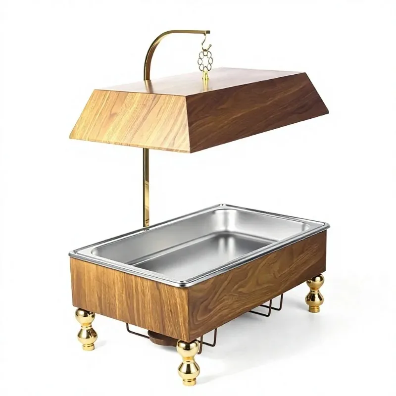 RRR Stainless Steel Wood Grain Modern Luxury Buffet Catering Chafing Dish 9L Alcohol-Fueled Food Warmer Hanging Lid