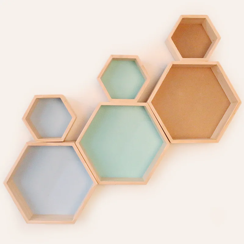 Nordic Solid Wood Wall Shelf Wall Decoration Company Background Wall Creative Display Shelf Honeycomb Hexagonal Organizer