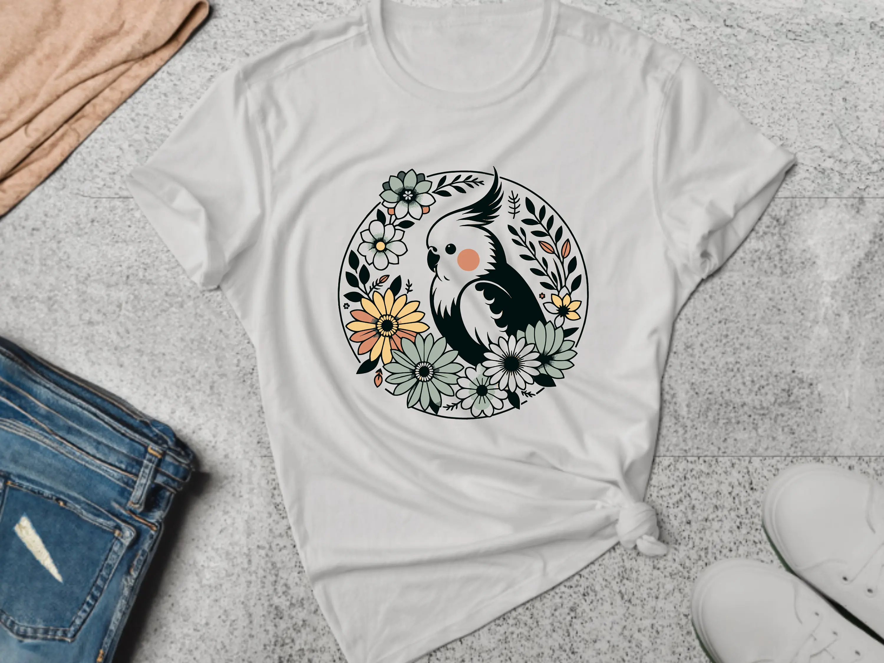 Cockatiel T Shirt Floral Flower Bird Lover Parrot Pet Owner