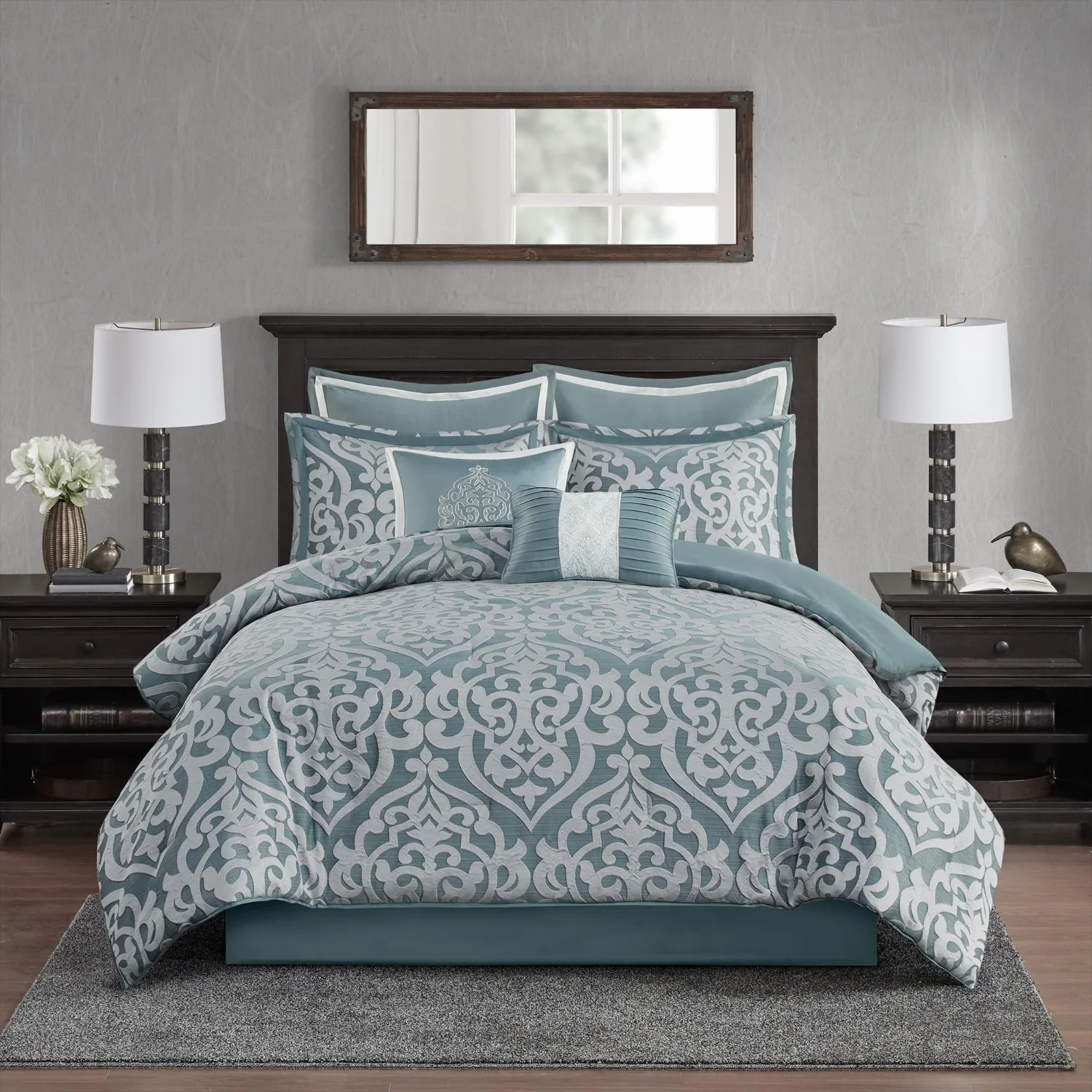 Modern Jacquard Damask Medallion Comforter Set, 8PC King | All Season Down Alternative Bedding with Comforter, Shams