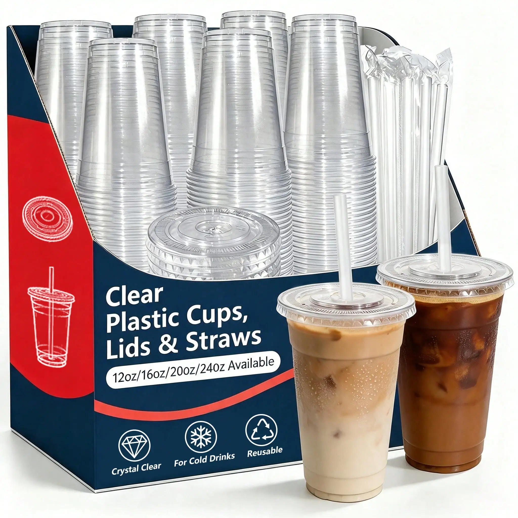 Clear Reusable and Washable Cups, 12/16/20/24 Oz, with Flat Lid and Straw—Heavy-Duty Crystal-Cold Drink Cups for Iced Coffee, Ic