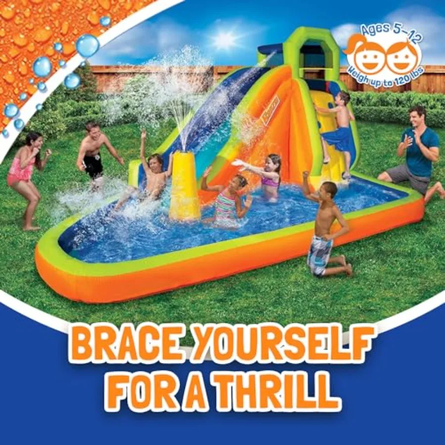 Water Spraying Iatable Outdoor Water Park with Water Slide, Overhead Sprinkler, Spraying Hose, and Splash Pool, Multicolor