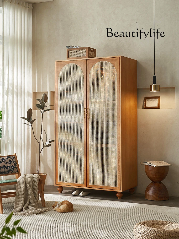 Nordic Solid Wood Rattan Wardrobe Locker Simple Modern Retro Bedroom Double Door Clothing Cabinet