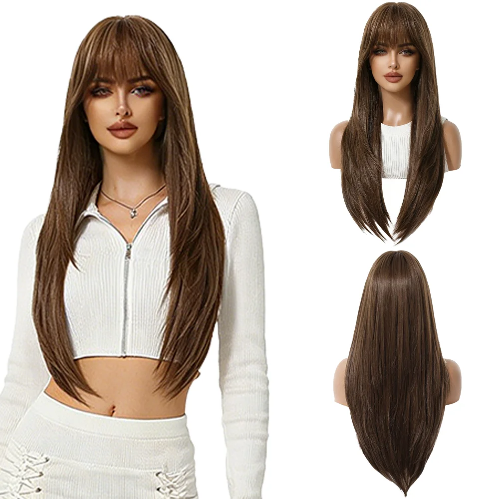 Ombre Platinum Blonde Long Straight Wig With Bangs Dark Roots Heat Resistant Fiber Natural Wigs For Women Daily Wear Party