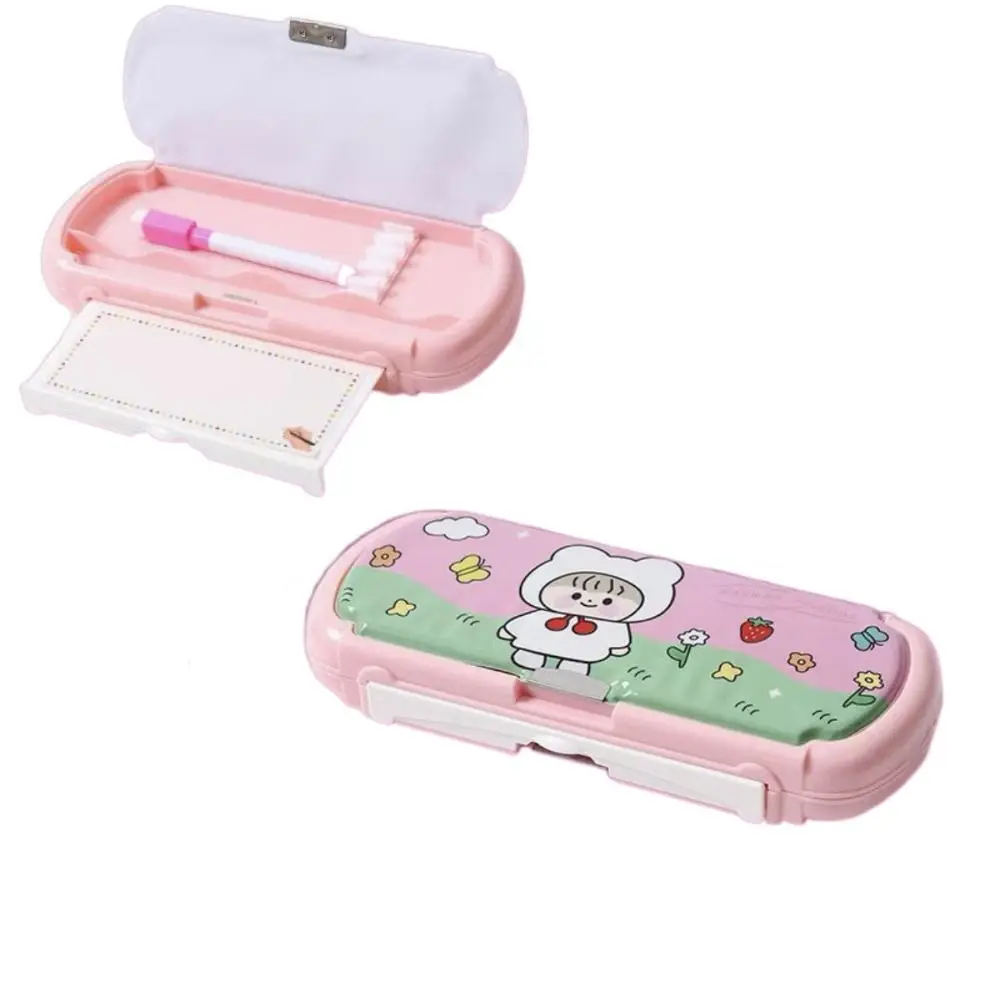 Double Side Cartoon Pencil Box With Whiteboard Sweet Girl Stationery Holder Creative Plastic Desktop Storage Box Mark Pens