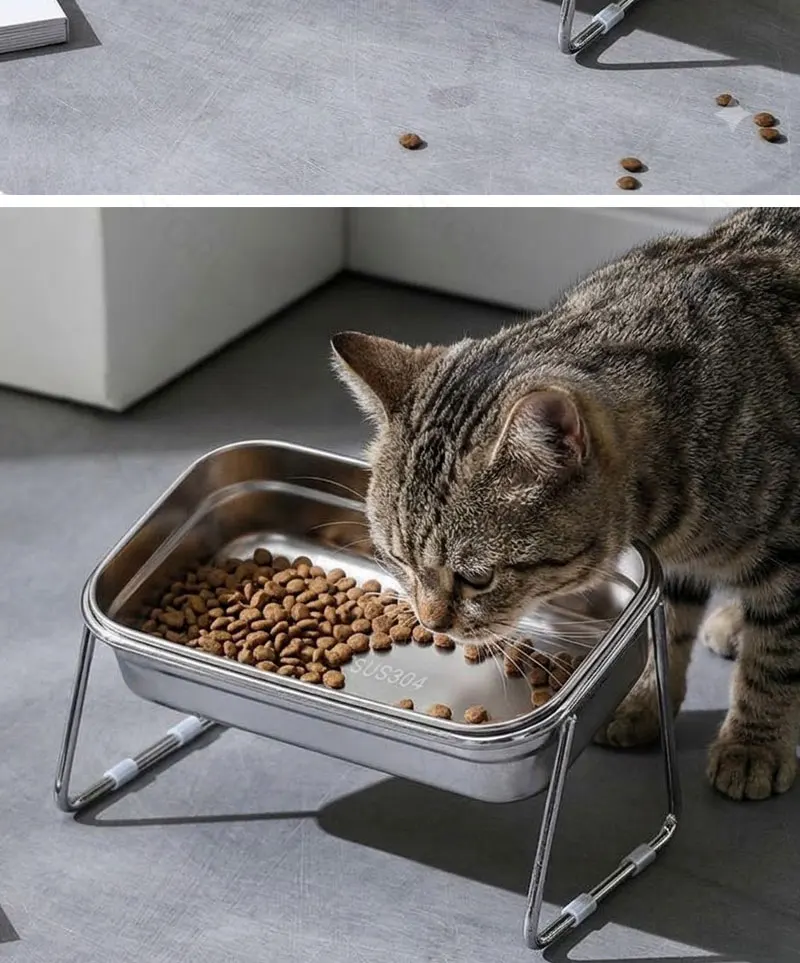 15 ° Erhöhter Katzenspeisewannen-Set aus 304 Edelstahl, Neigbarer Hals-Schutz, Rutschfester Napf mit Hohem Fuß, Futter- und Wassernapf – Detail 7