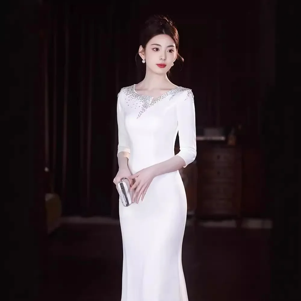 

Ele White Evening Gown Women's Simple Fi Tail Ball Dr Luxury Subtle High-End Host Formal Wear Adult Ceremony