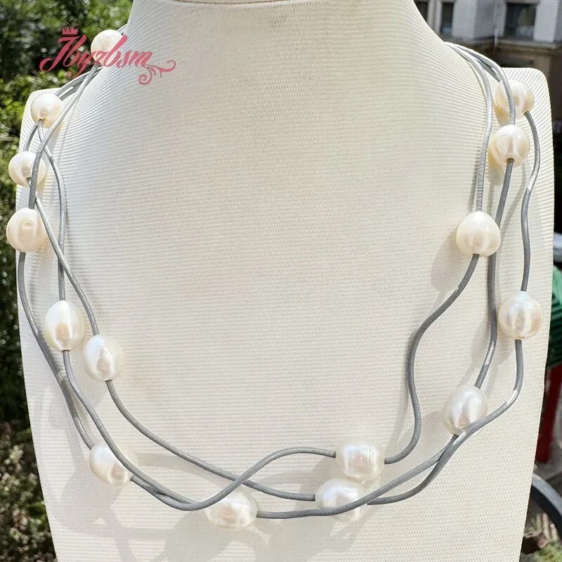 10-12mm Natural Oval Freshwater Pearl Stone Beads Handwork 15 Row Leather For Women Fashion Necklace Jewelry Magnet Clasp16\