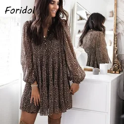 Leopard Print Casual Short Mini Dress Women V Neck Autumn Winter Dress 2023 New Long Sleeve Women Clothing Dress Mujer Girls