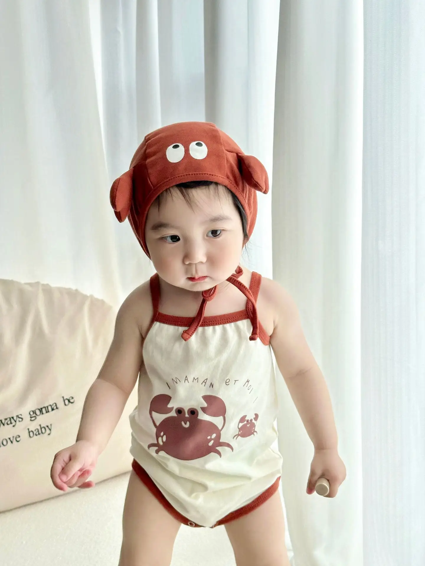 

Funny Crab Newborn Baby Clothes Boy Girl Bodysuits ropa de bebe Short Sling Cotton Baby Romper Cartoon Korean Baby Outfits Cap