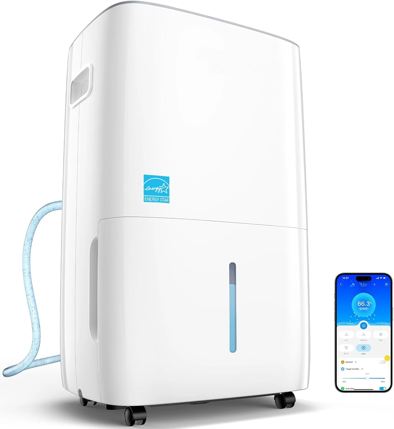 Smart Dehumidifier for Basement 4,500 Sq.Ft, 50 to 109 Pint Auto Humidity Control, Drain Hose, 2.0Gal Bucket