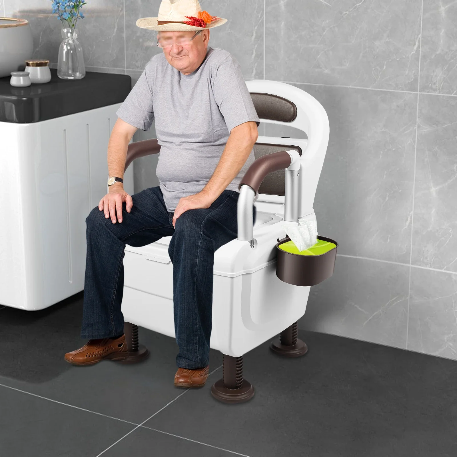 Commode Toilet Chair for Elderly&Disabled, 150kg Load Capacity, Aluminum Alloy &PP Material,Adjustable Armrests,2 Inner Buckets