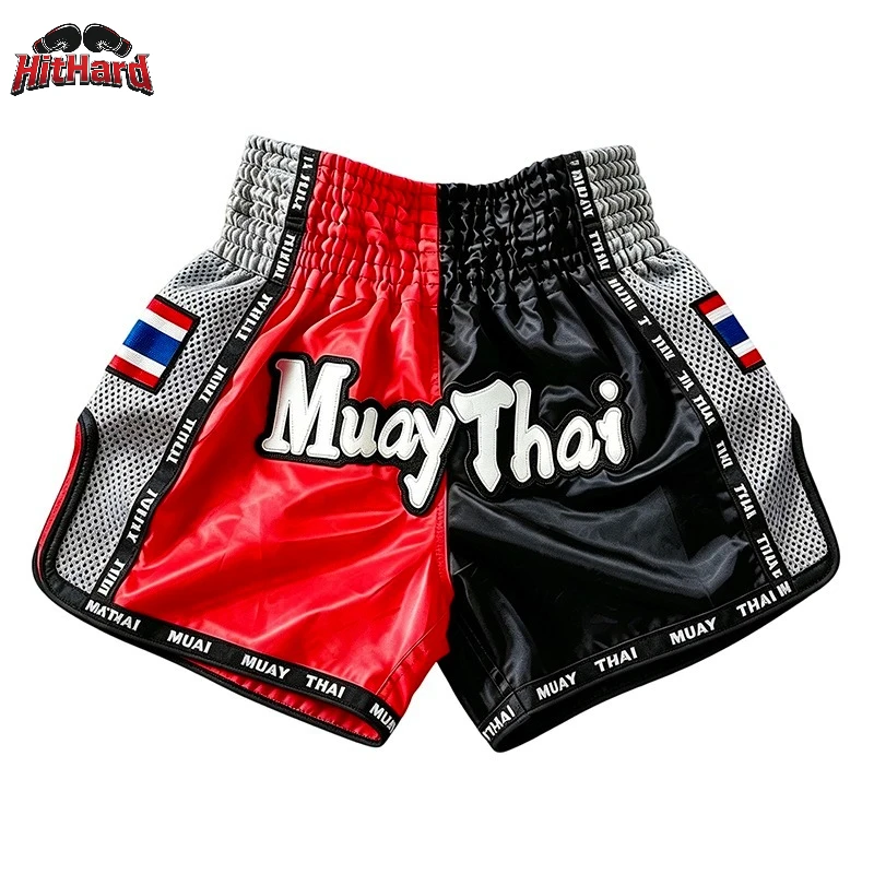 Thai Boxing Shorts for Men Women Child Red Black Split Muay Thai Shorts with Thailand Flag Mesh Side Split MMAKickboxing Trunks