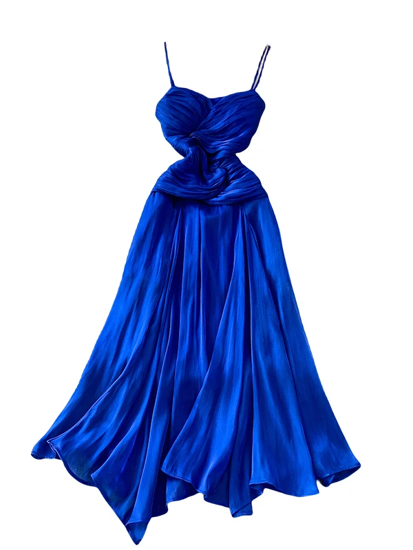 เดรสผ้าซาตินประดับลูกปัด สายเดี่ยว ทรงเอวสูง ชายกระโปรงไม่เท่ากัน ช่วยพรางหุ่น  ความยาวปานกลาง สไตล์ฝรั่งเศส สำหรับสุภาพสตรี