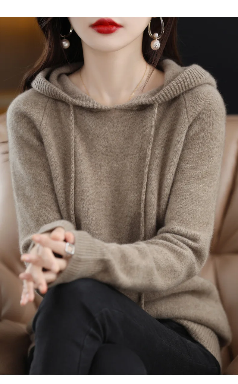 Mit kapuze Pullover Mode Frauen Herbst Winter Lange Ärmel Einfarbig Gestrickte Hoodies Dame Lose Kordelzug Casual Pullover Hoodie – Detail 9