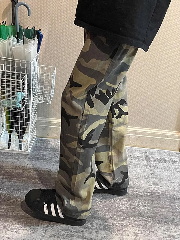 

Винтажные камуфляжные широкие брюки в стиле милитари, прямой крой, мужские модные повседневные брюки, осенний сезон, полиэфирное волокно