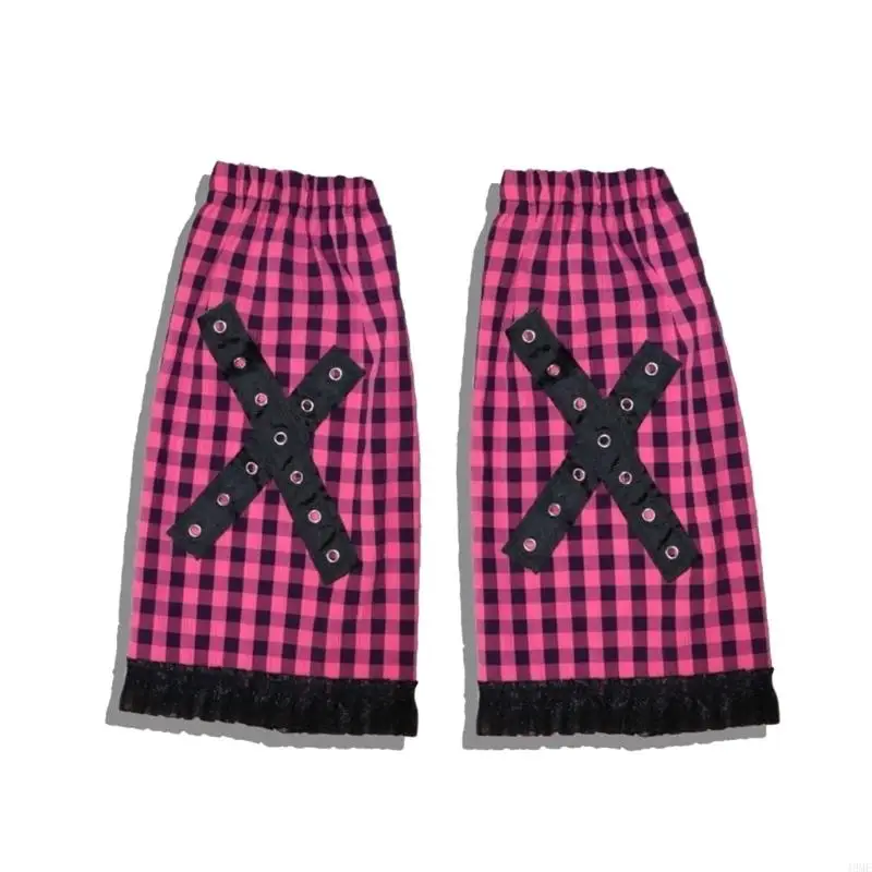 49ME Women Harajuku Checkered Pattern Ruffle Lace Hem Leg Warmer Aesthetic Fashion Punk Metal Eyelets Crosses Leg Cover Socks