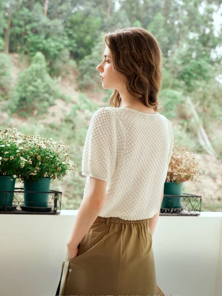 OLrain-jerséis de punto con cuello en V francés para mujer, Tops holgados de manga corta con perlas y cuello redondo, verano 2025, O24XZ92208