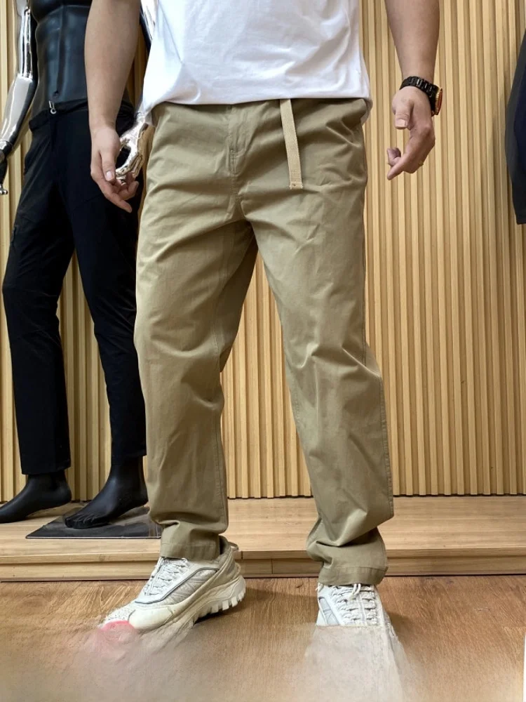 Heavyweight Washed Cotton Casual Pants for Men Spring Season Fashionable Mountain System Buckle Elastic Waist Loose Fit
