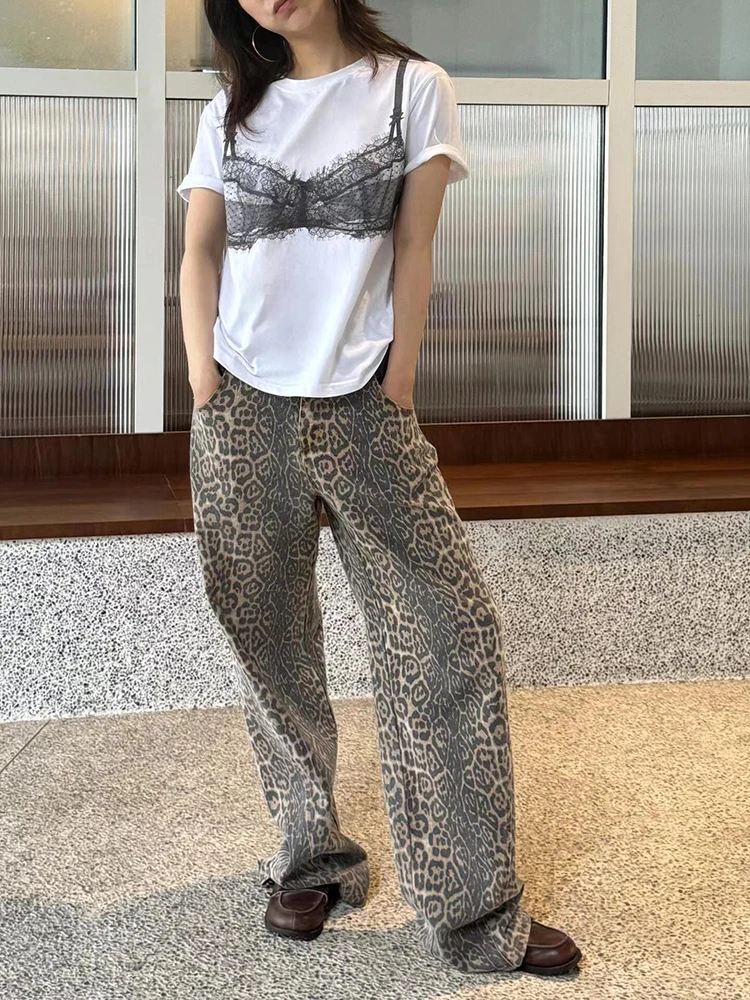 Vintage Leopard Print Jeans Women Baggy High Waist Y2k Streetwear Hip Hop Wide Leg Pants Harajuku Casual Denim Trousers