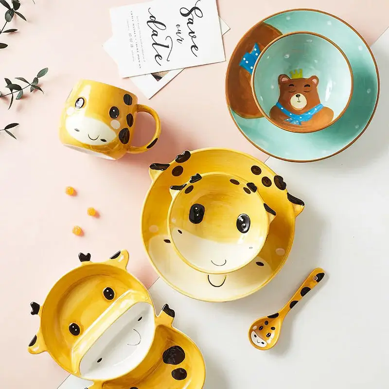 Children Cartoon Ceramic Partition Plates Rice Bowl Animal Creative Home Underglaze Color Tableware Cute Feeding Dish Gift