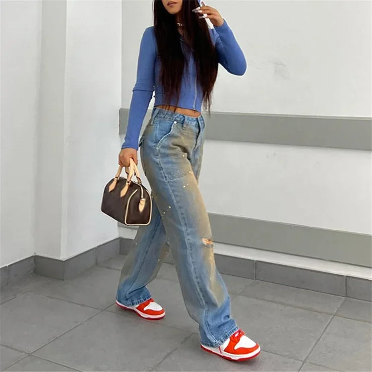 GIOIO Straight Ripped Jeans For Women New Street High Waist Wide Leg Denim Long Pants Female Harajuku Loose Pockets Trousers