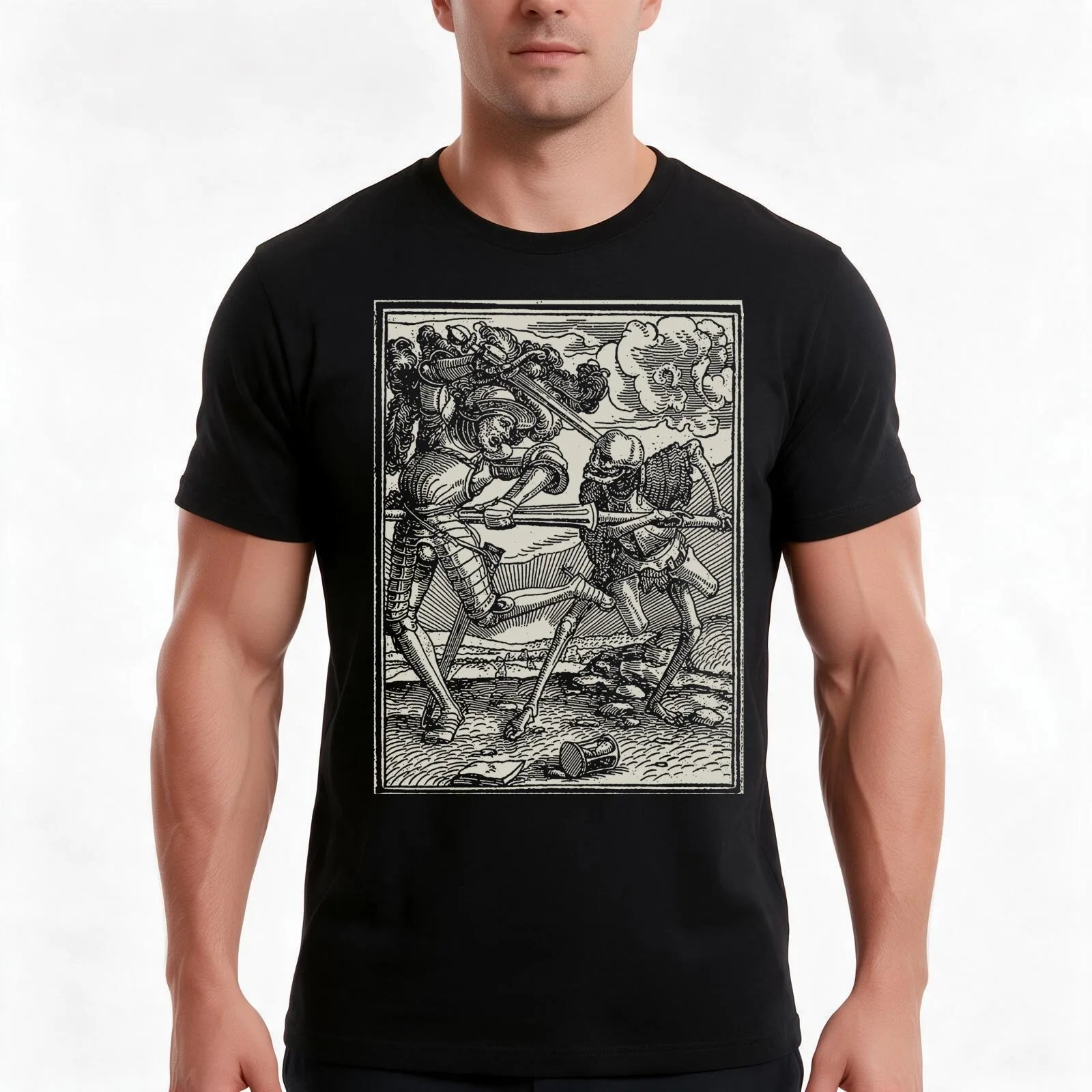 The soldier and death - danse macabre T-Shirt, Summer Casual Cotton Tee, Oversized Streetwear Tops, Vintage Graphic Print