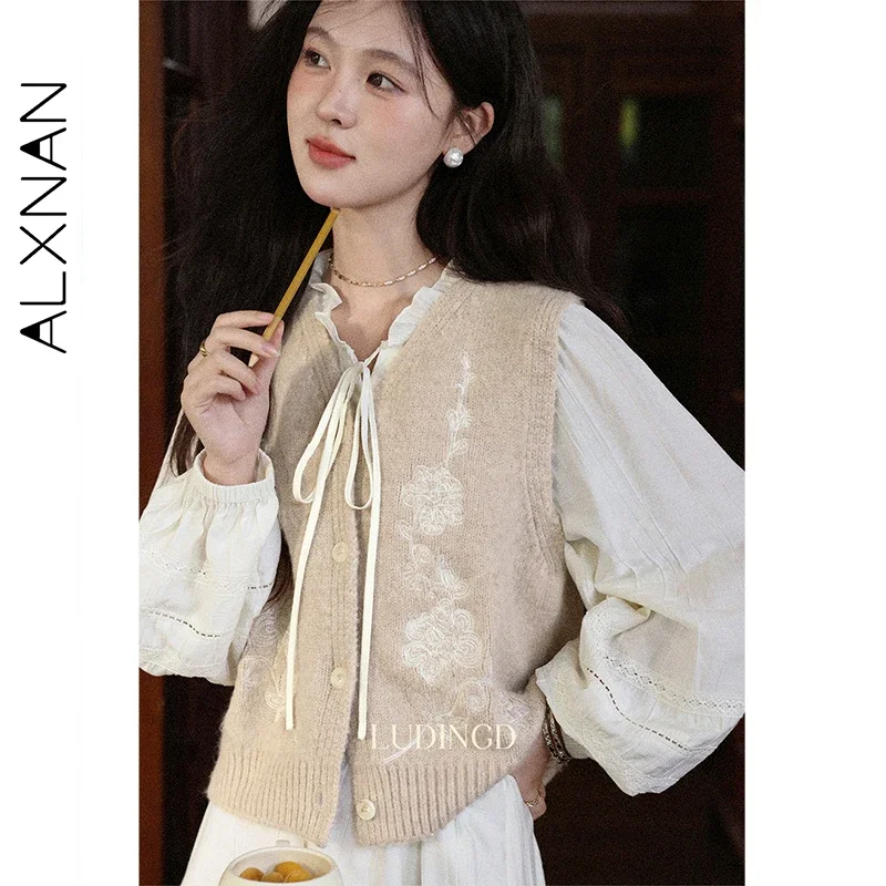 ALXNAN Women's Knitted Vest V-Neck Soft Fluffy Embroidery Button Front Loose Fit Elegance Autumn Female Commuter Sweater L57223
