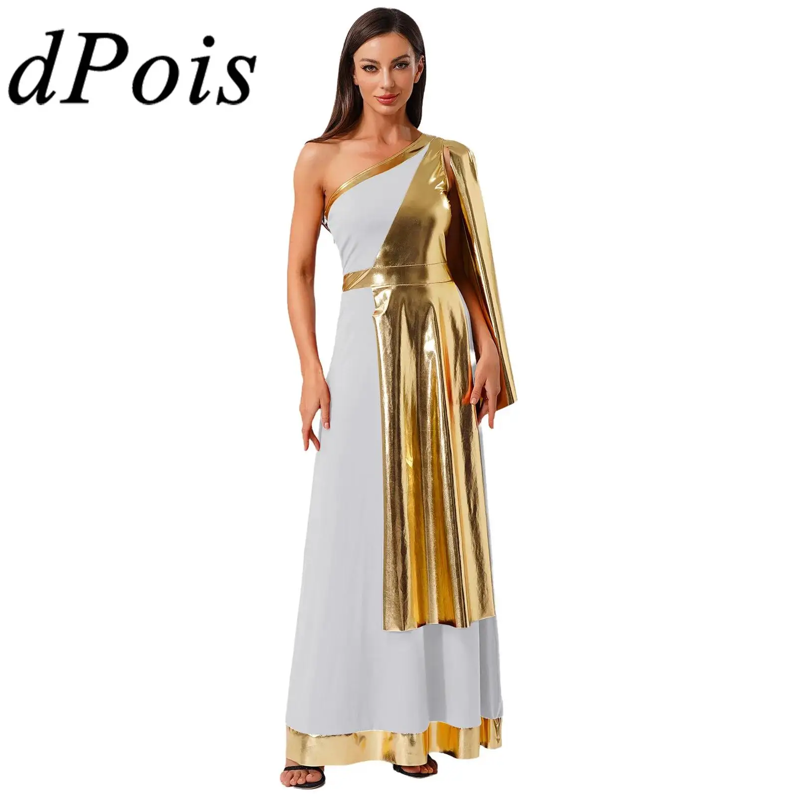

Womens Ancient Greek Princess Roman Costume Cosplay Tunic Dress with Drape Metallic Shiny Toga Dress Carnival Halloween Costume
