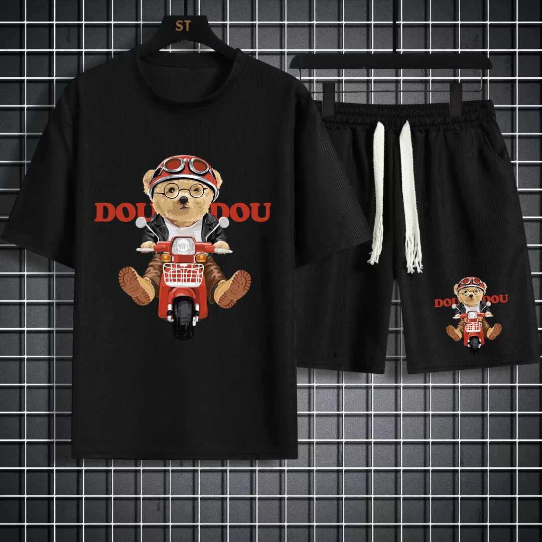 Letni dres Man Cartoon Streetwear Hip Hop Rock Casual krótki garnitur fajny niedźwiedź z nadrukiem wafle T shirty szorty 2-częściowy zestaw nowy