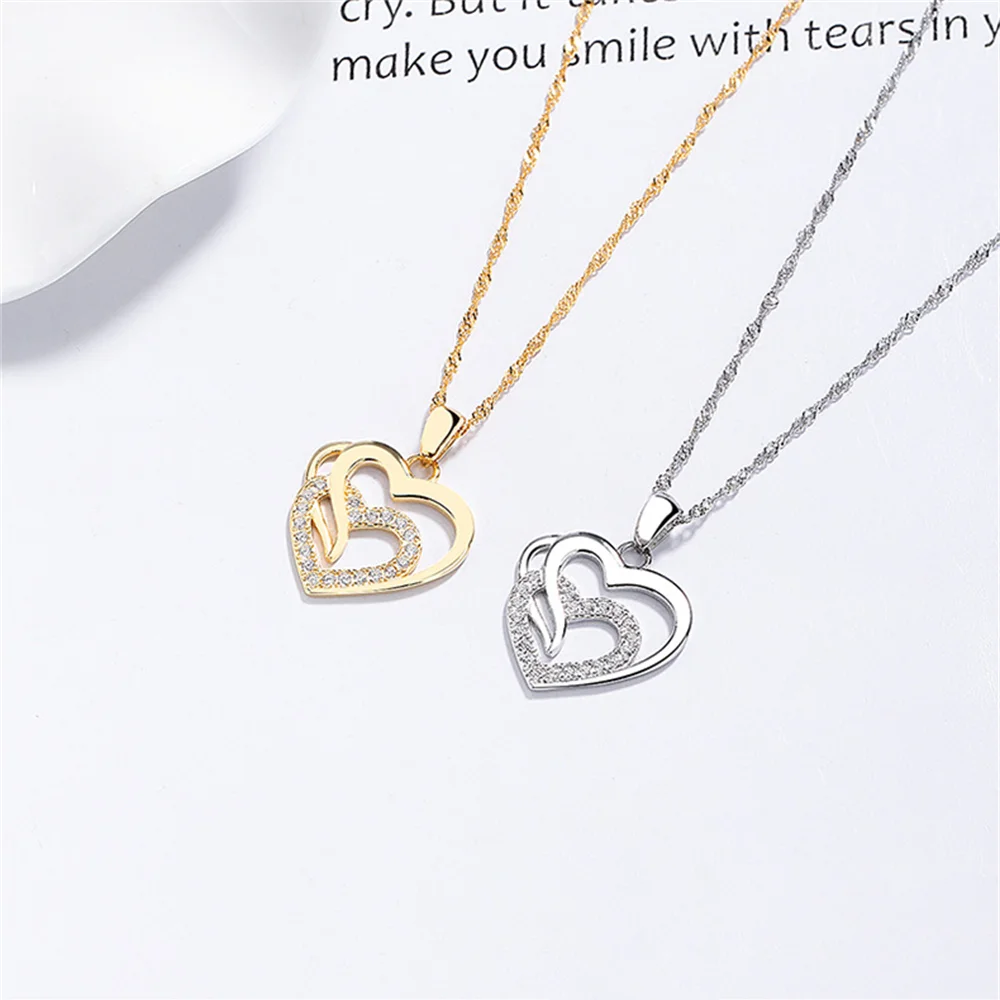 

925 Sterling Silver Niche Collarbone Chain, Korean Style, Double Layer Heart Pave Zircon Versatile INS Jewelry