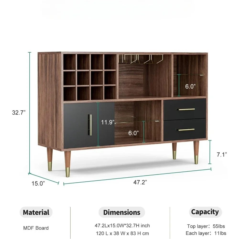لوحة جانبية مع مساحة تخزين ، خزانة خشبية مع 12 رفوف زجاجة ، أقواس وأدراج ، 47 بوصة ، جوز/خزانة نبيذ سوداء
