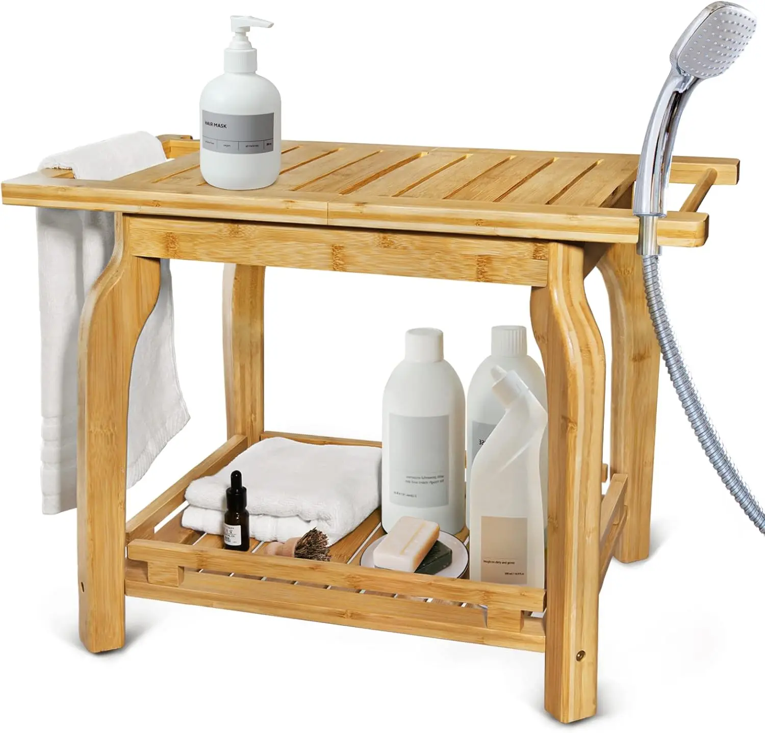 

2-Tier Bamboo Shower Bench with Storage Shelf, Waterproof & Stable for Seniors and Adults