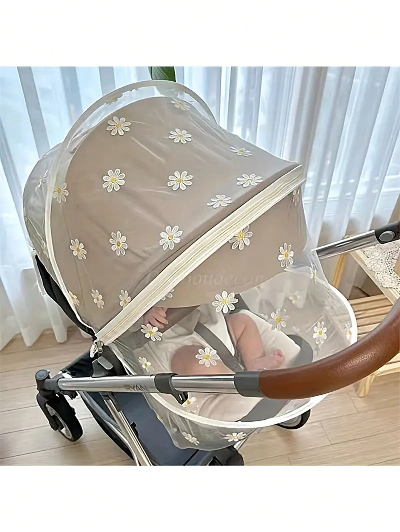 Spring And Summer Baby Stroller Mosquito Repellent Cover, Baby Stroller Breathable Sun Visor, Daisy Embroidery, Sun Protection