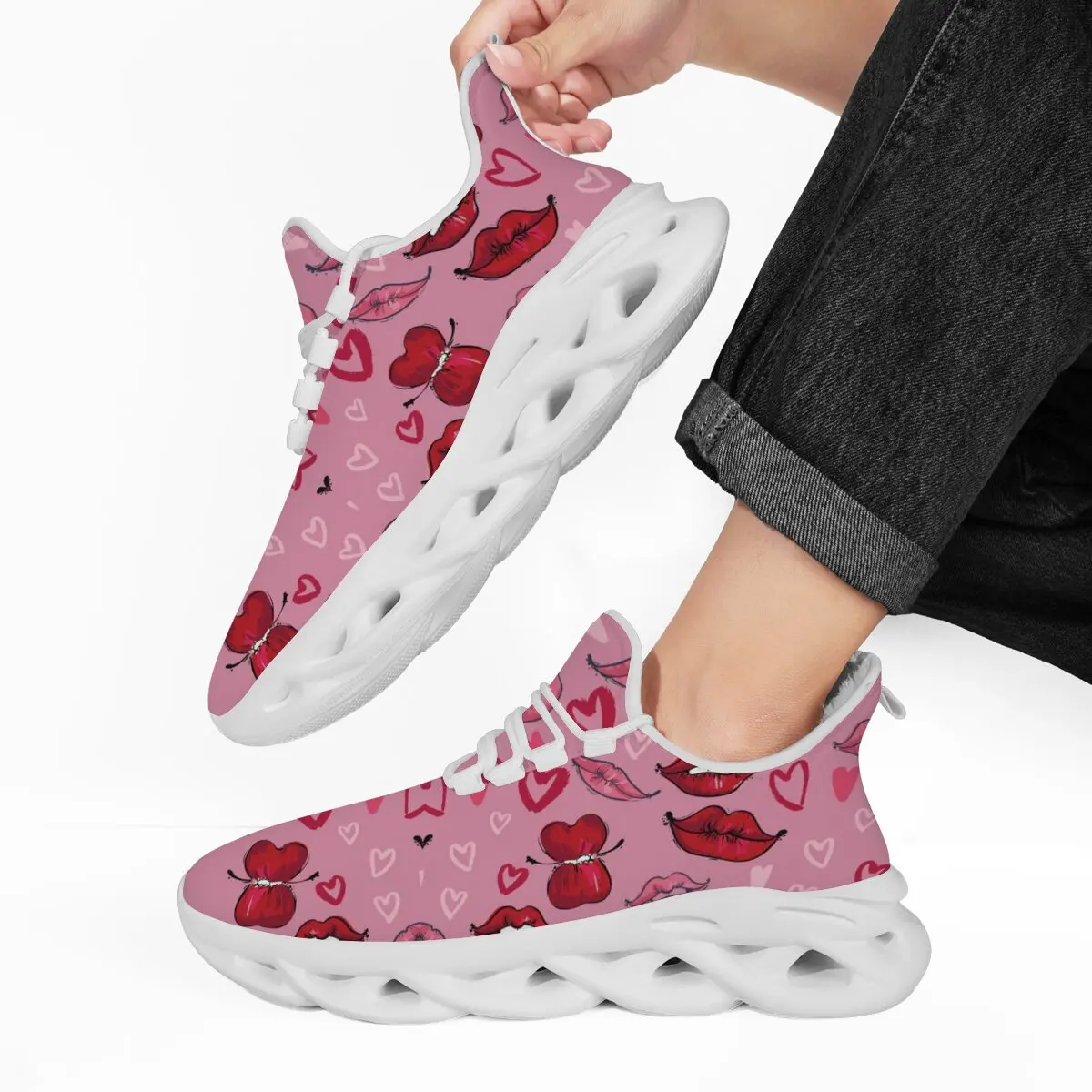 

Pink Fleece-Lined Sneakers with Red Lips Hearts Butterfly Prints Women Shoes Lightweight Slip On Sneakers for Men Footwear