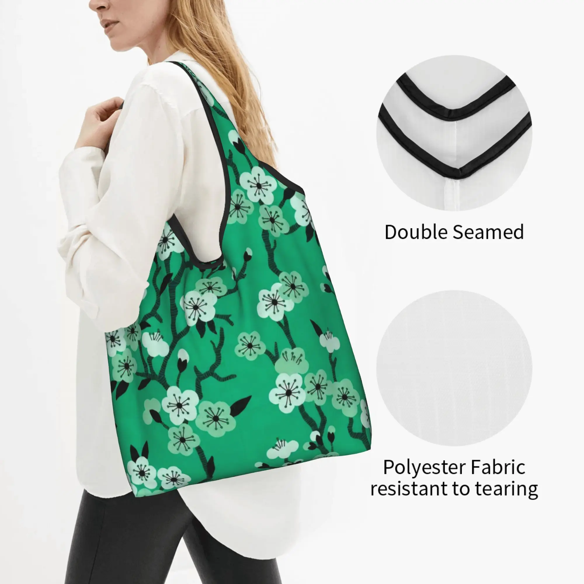 Reusable Japane Flowers Cherry Blossom  Shopping Bag Women Tote Bag Portable Vibrant Fresh Green Grocery Shopper Bags