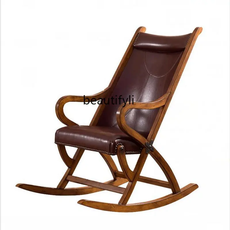 Leather Rocking Chair American Recliner Leisure Chair Solid Wood Lazy Snap Chair European Balcony Chair Home Couch furniture